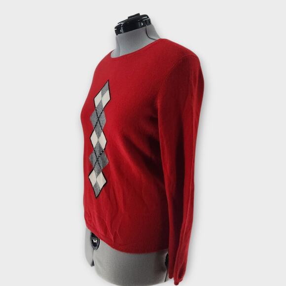 Charter Club Cashmere Sweater Women's L Red Sequin Argyle Design Soft Round Neck - Picture 3 of 7
